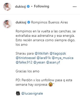 El mensaje de Duki en Instagram.