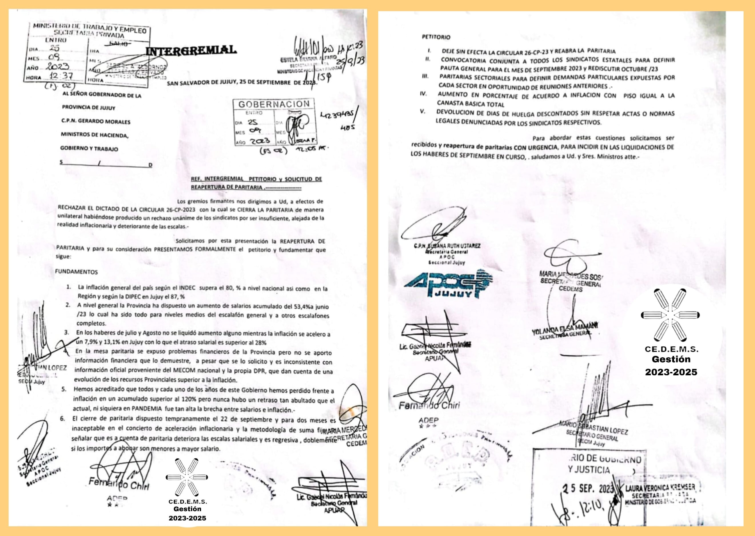 El petitorio entregado este lunes en la Casa de Gobierno por la Intergremial Jujuy, reclamando la reanudación de las negociaciones paritarias para los trabajadores del Estado provincial.