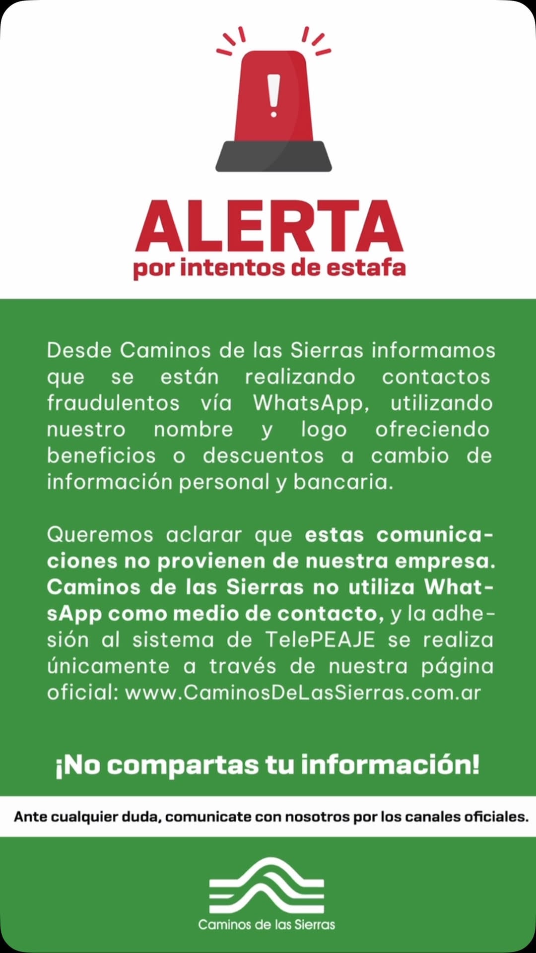 Alerta por estafas en Camino de las Sierras.