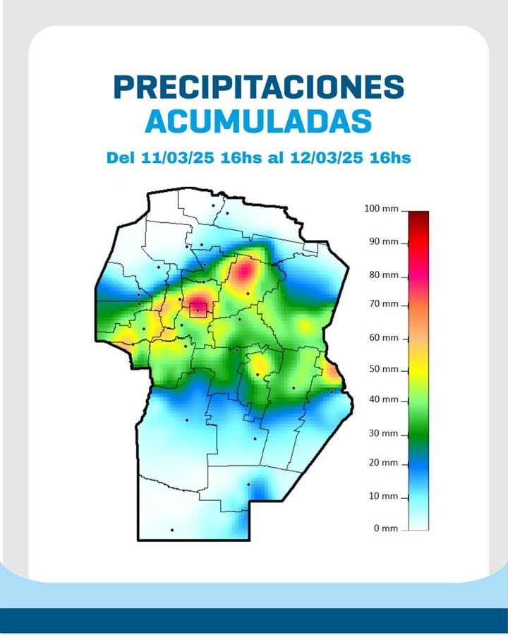 El mapa con las precipitaciones acumuladas en Córdoba en las últimas 24 horas.