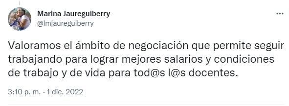 El tuit de la secretaria gremial de Sadop, Marina Jaureguiberry.