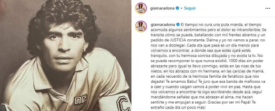 El desgarrador posteo de Gianinna Maradona a mil días de la muerte del astro.