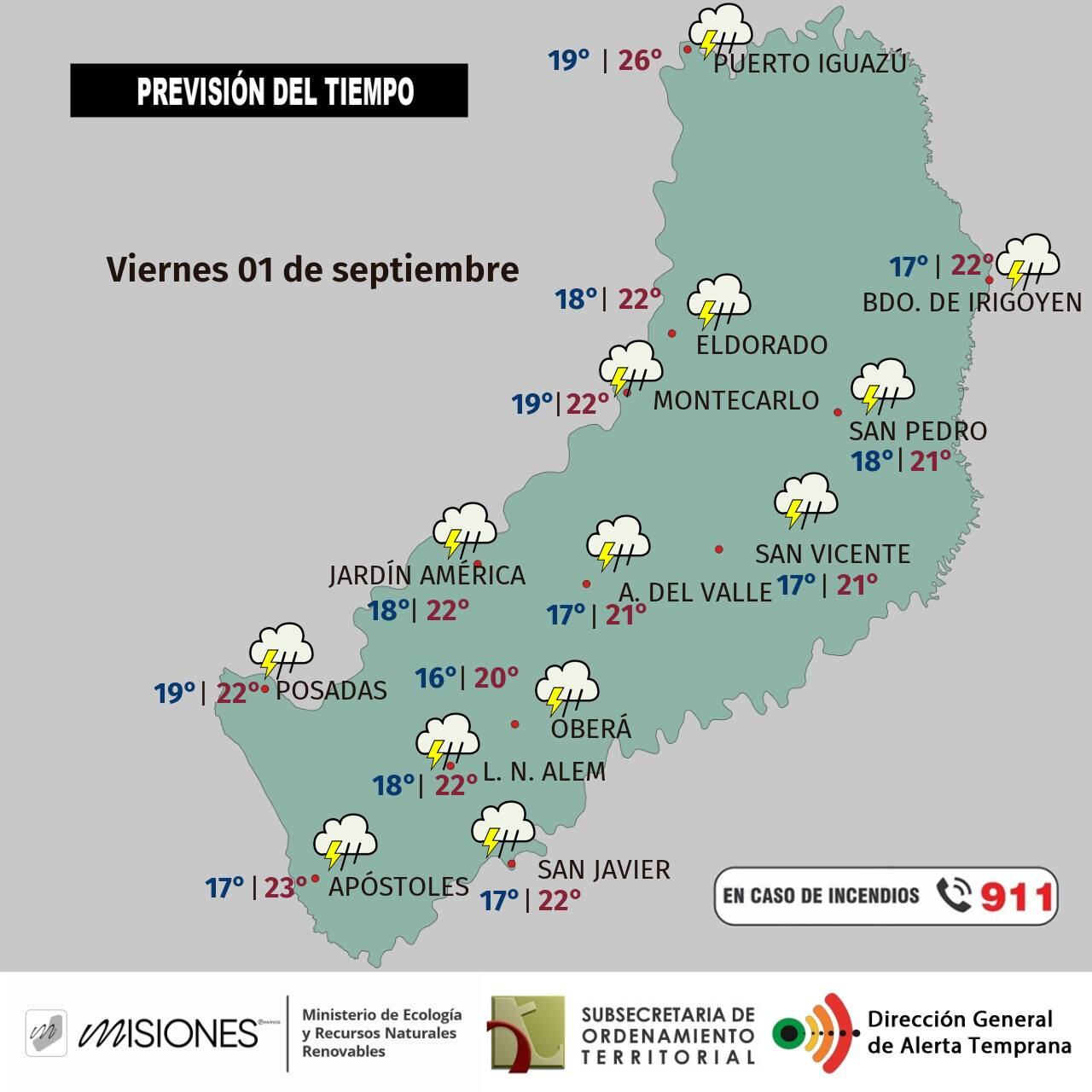 Viernes con lluvias y tormentas eléctricas en todo Misiones.