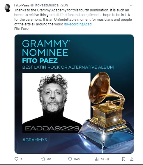 Fito Páez se alegró con una nueva nominación