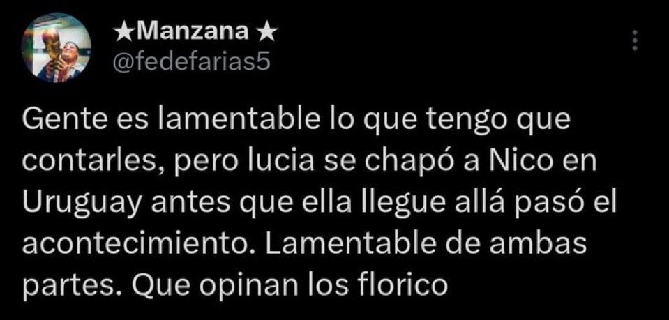 El mensaje de Manzana en Twitter sobre el escándalo de Florencia y Nicolás de Gran Hermano 2024