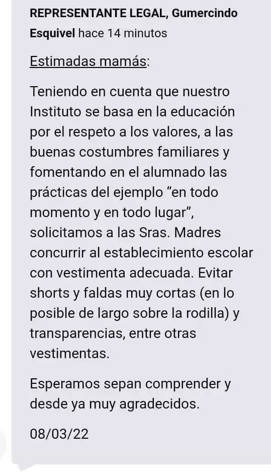 Colegio de Eldorado pidió a las madres no asistir con prendas cortas y causó diferentes reacciones.