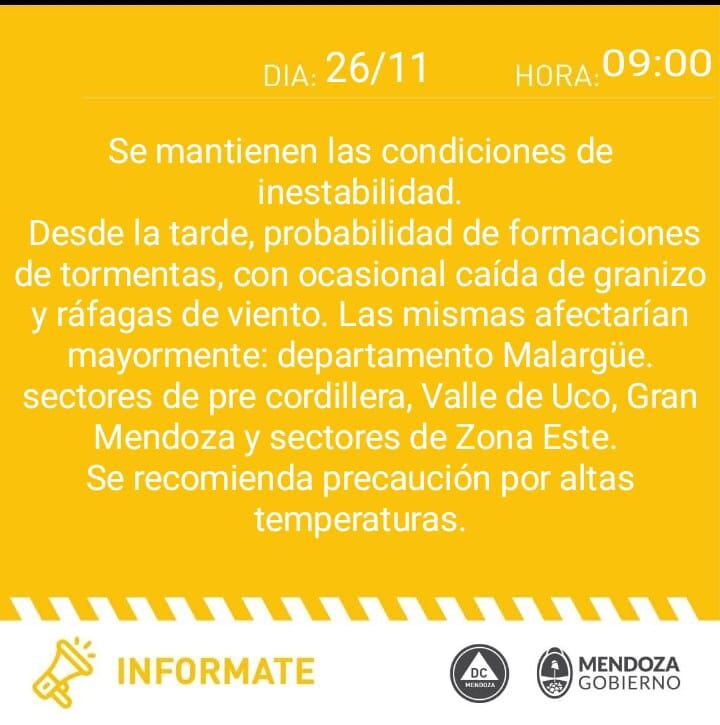 Alerta de Defensa Civil para el 26/11, de tormenta, granizo, viento y calor.