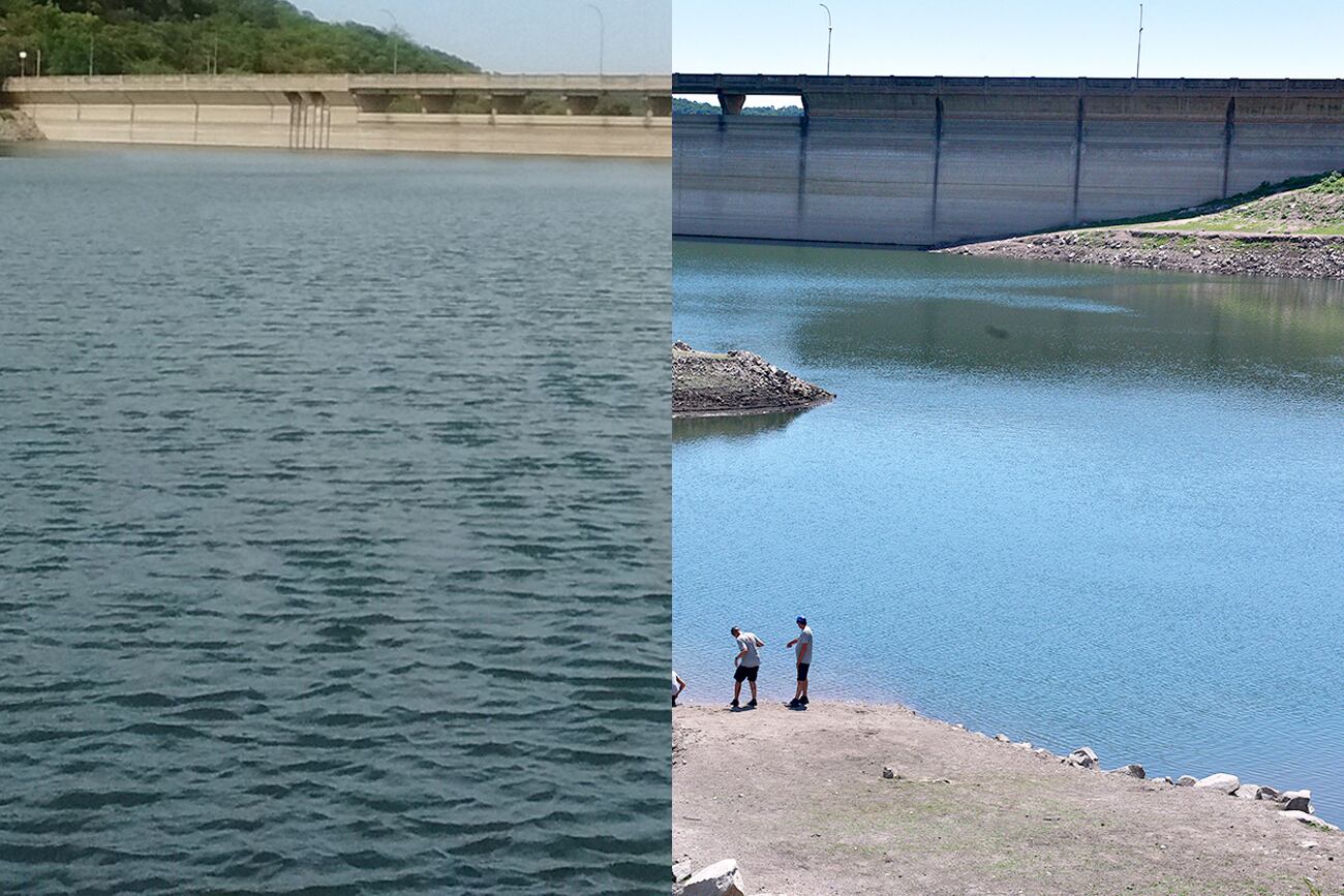 Dique La Quebrada. Antes y después de la sequía extrema que vive Córdoba. (Fotomontaje Martín Ferraro / La Voz)