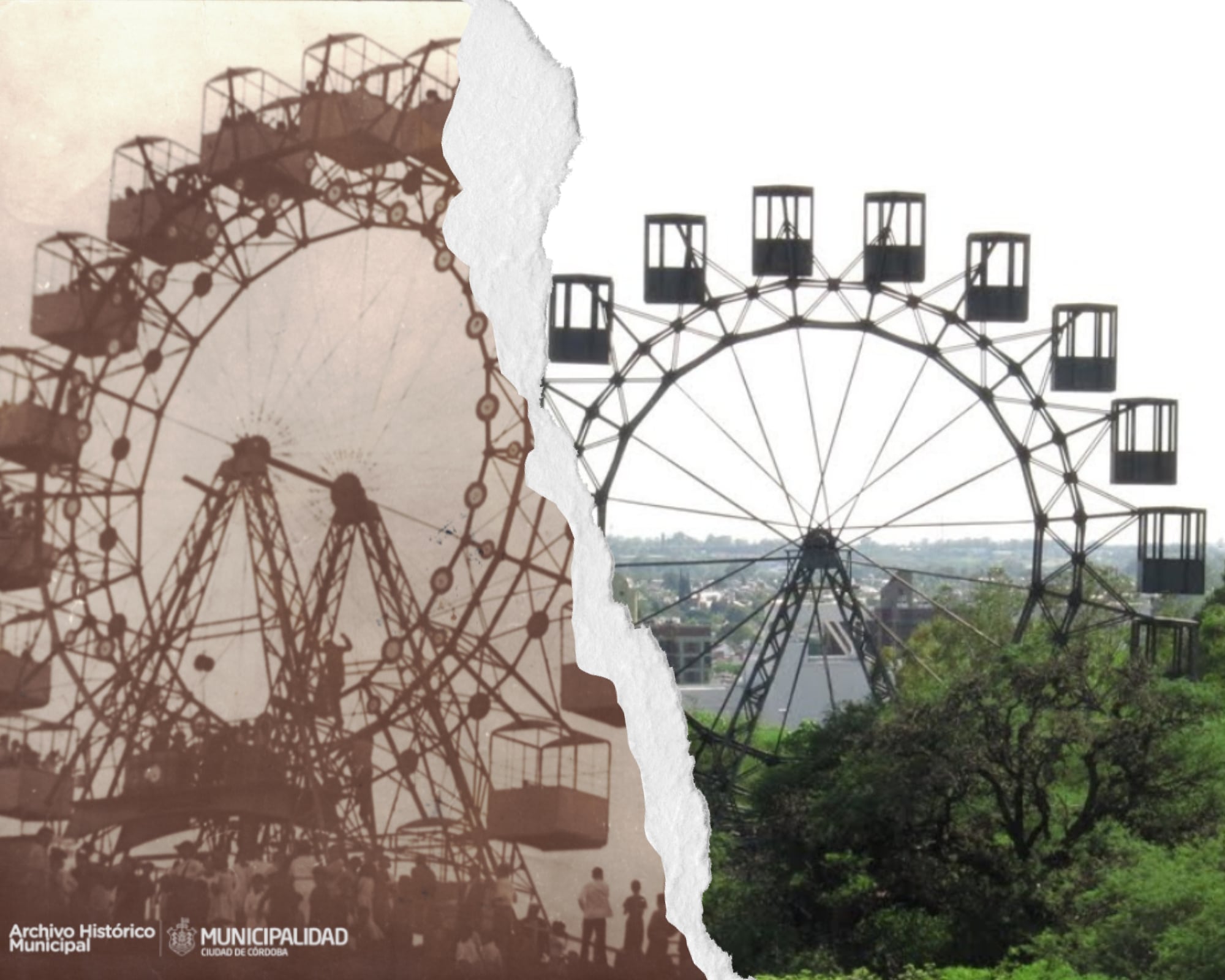 Un antes y después de la "Rueda Eiffel". (Foto antigua: Rueda monumental del Parque Sarmiento, 1937. Fot. desc. Inventario Nº 74. Archivo Histórico Municipal de Córdoba / Foto actual: banco web)