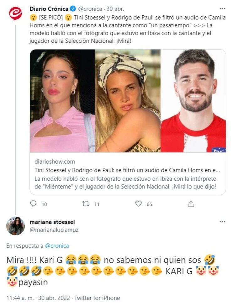 El tuit que la mamá de Tini escribió en contra del paparazzi que los delató.