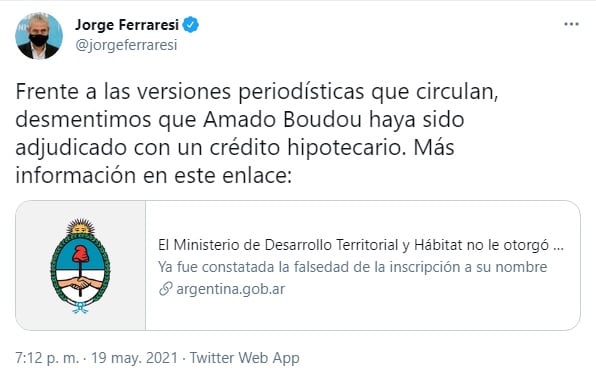 Ferraresi desmintió que Boudou "haya sido adjudicado con un crédito hipotecario". (Twitter: @jorgeferraresi)