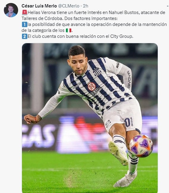 Nahuel Bustos, delantero de Talleres, en el radar del Hellas Verona.