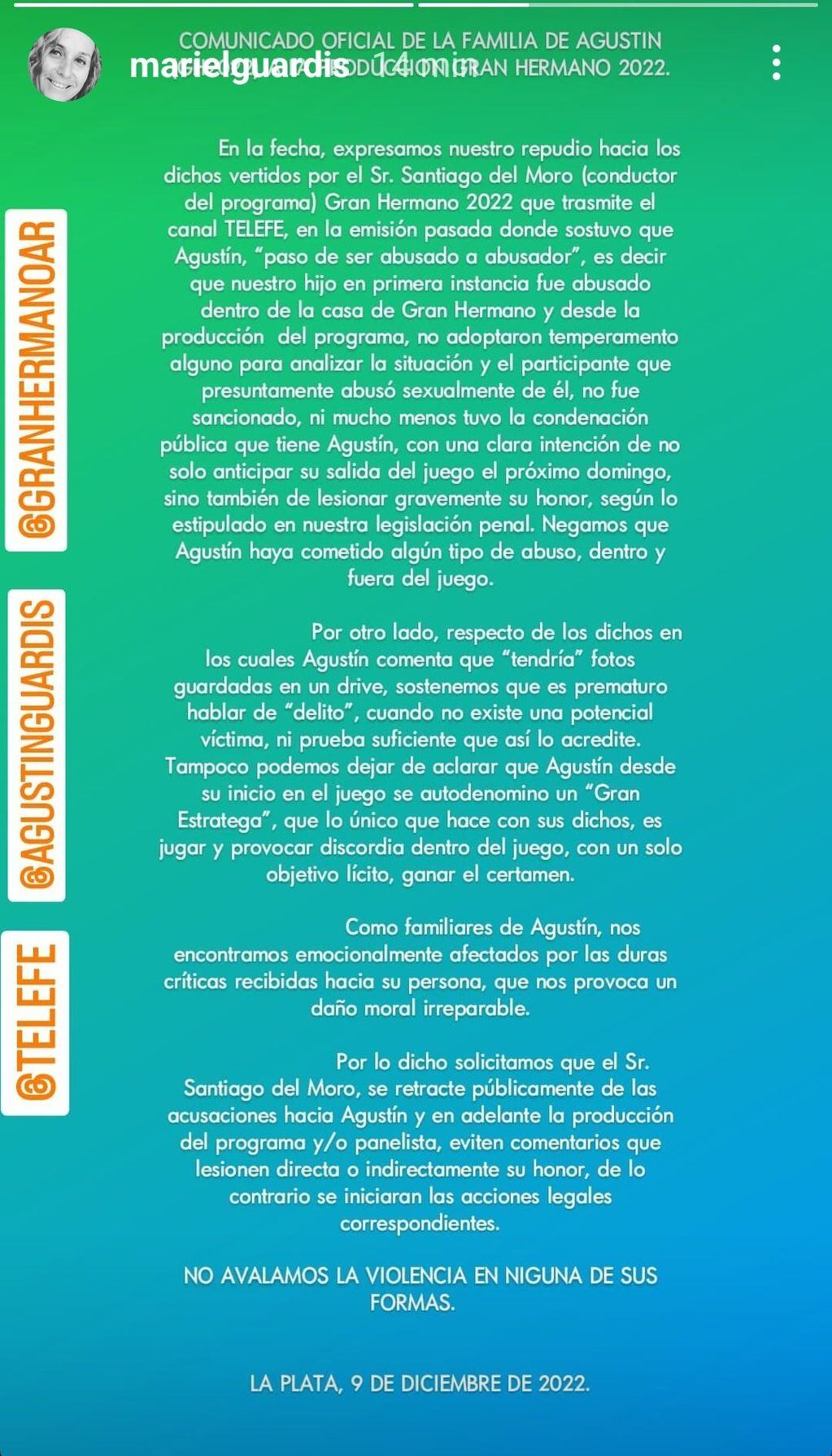 El comunicado contra Santiago del Moro por la familia de Agustín de Gran Hermano fue compartido por las redes de la hermana del participante.