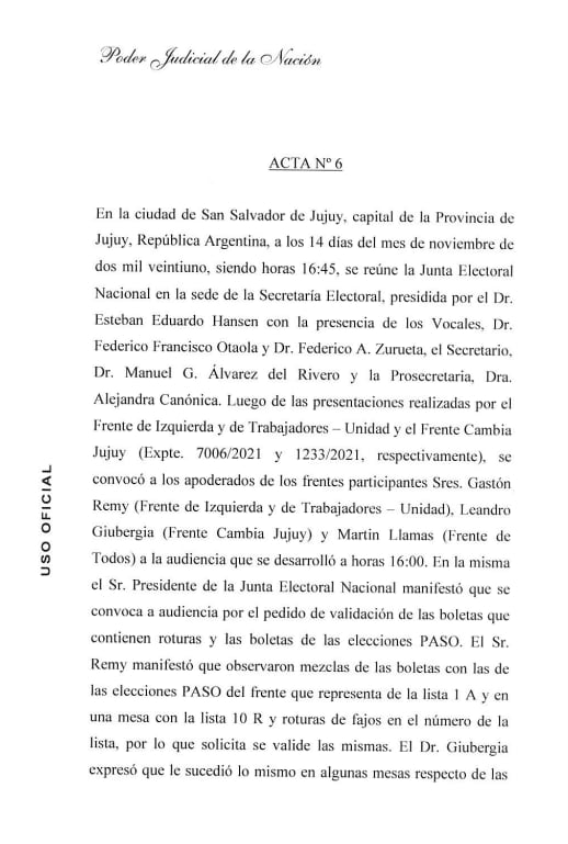 El acta de la Junta Nacional Electoral - Distrito Jujuy de la audiencia en la que resolvió validar las boletas de las PASO para los comicios generales de este domingo.