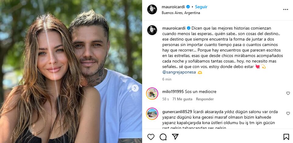 El texto de Mauro Icardi confirmando su relación con la China Suárez.