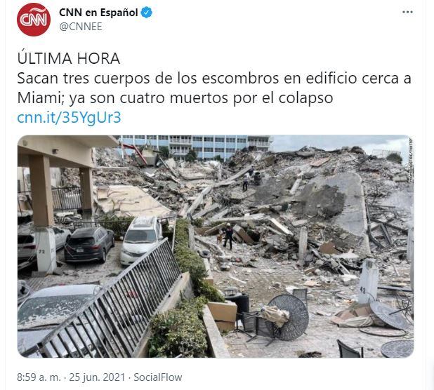 Autoridades de Miami-Dade confirmaron el hallazgo de tres cuerpos entre los escombros y la cifra de muertos por el derrumbe parcial de un edificio en Surfside asciende a cuatro.