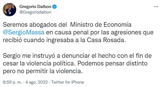 El mensaje de Gregorio Dalbón en Twitter