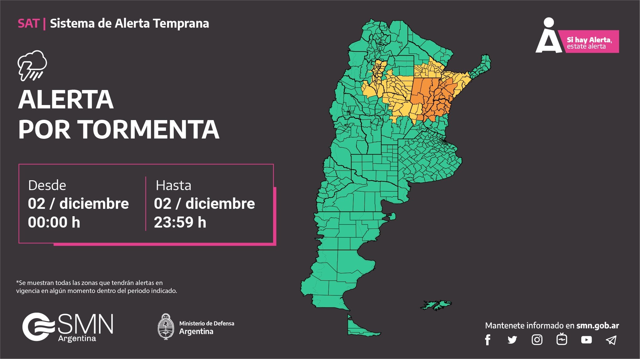 Alerta amarilla por tormentas para este sábado.