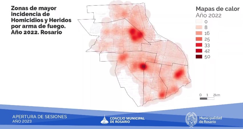 El intendente Pablo Javkin mostró un mapa de las zonas donde se concentra la violencia.