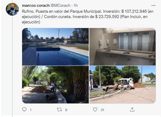 Hilo de Twitter del ministro de la Gestión Pública, Marcos Corach, respondiendo ante la supuesta discriminación en los fondos públicos