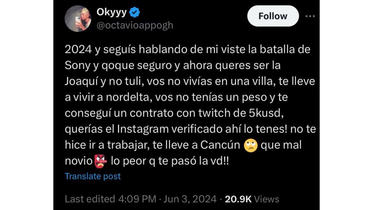 Postura de Oky a los dichos de su exnovia sobre la relación.