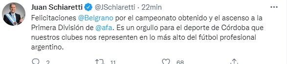 El gobernador Juan Schiaretti y sus felicitaciones para el Belgrano de Primera.