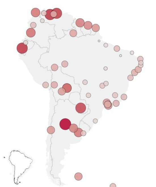 El mapa de las ciudades más calientes de Sudamérica.