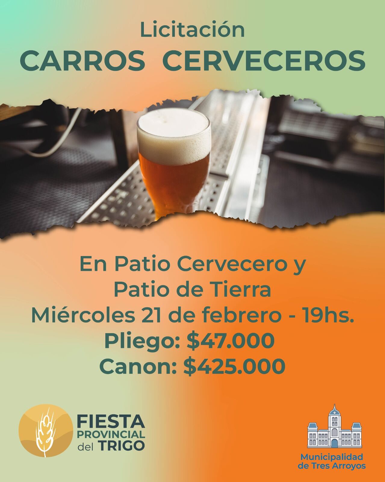 Fiesta Provincial del Trigo del Tres Arroyos: licitación de fogones, kioscos, carros gastronómicos y carros cerveceros