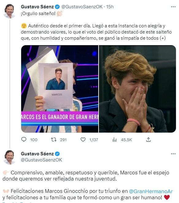 Gustavo Sáenz felicitó a Marcos por ser el ganador de Gran Hermano.