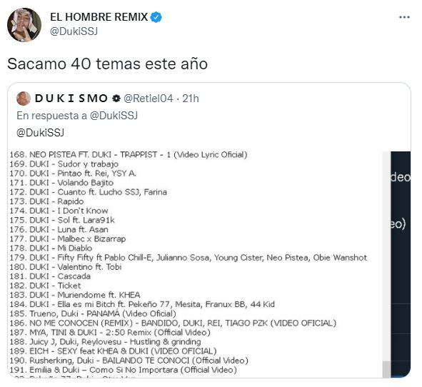 La lista de canciones de Duki que realizó un fan.