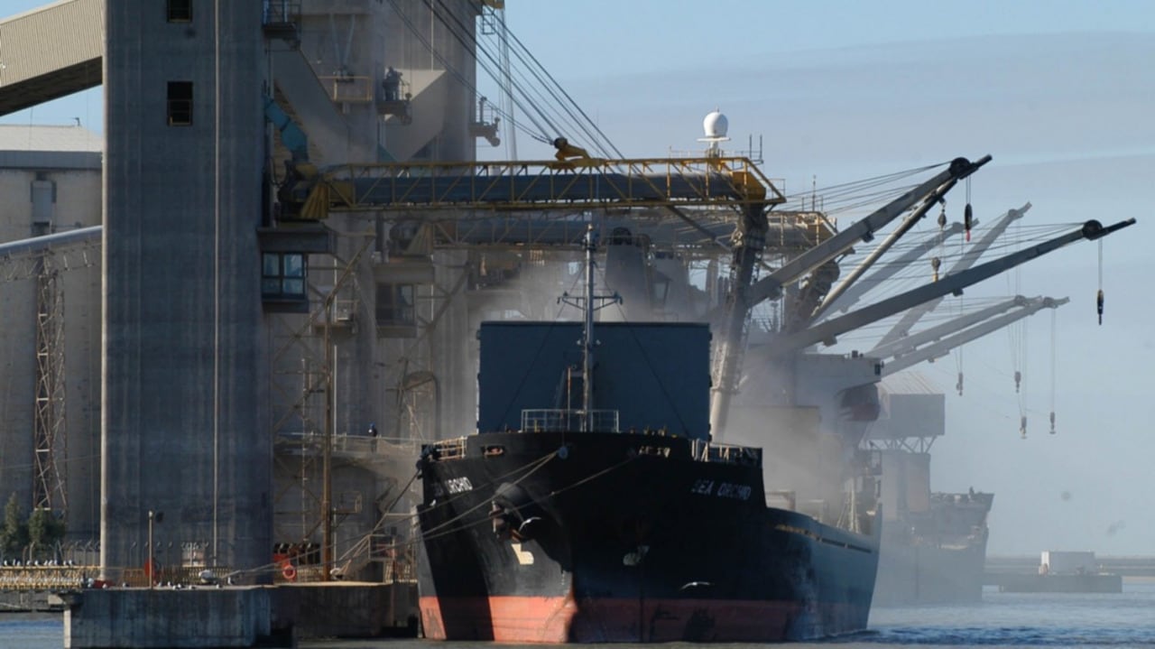 En una terminal portuaria se carga un barco para la exportación de granos. (@camaraaceites)