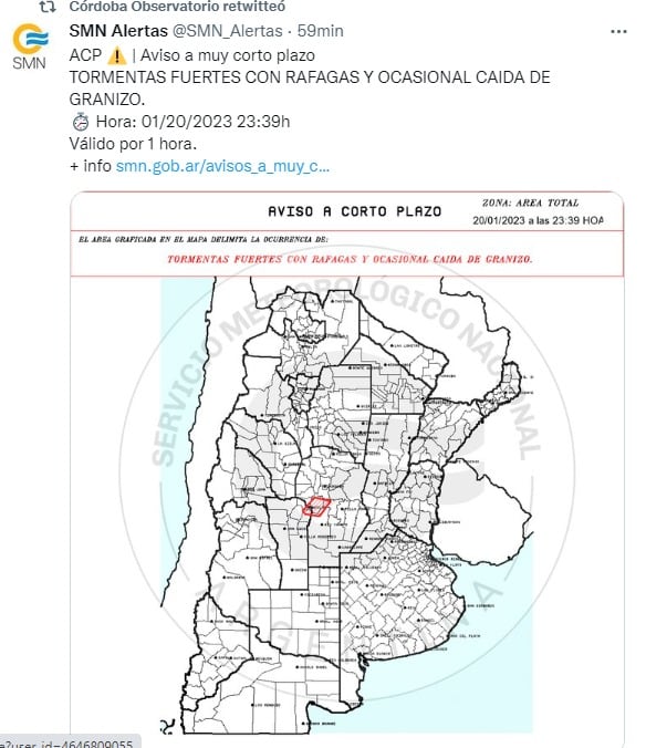 Se mantienen los avisos a corto plazo por tormentas fuertes en Córdoba.