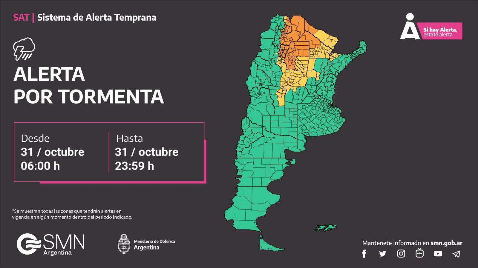 Alerta amarilla por tormentas para este jueves 31 de octubre.