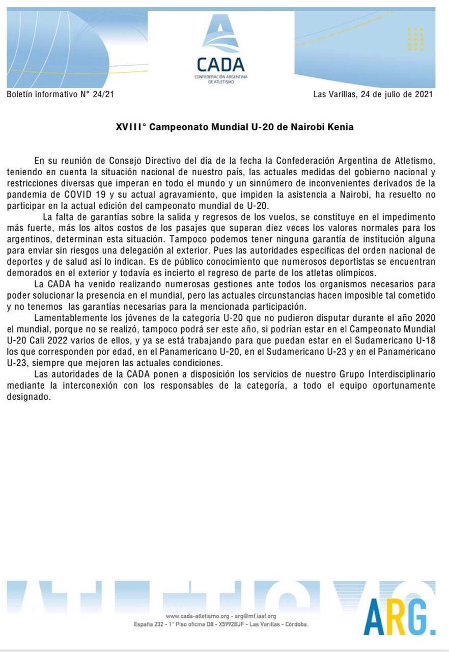 El polémico comunicado de la Confederación Argentina de Atletismo en el que anuncia que no habrá participación en el Mundial U20 de Kenia