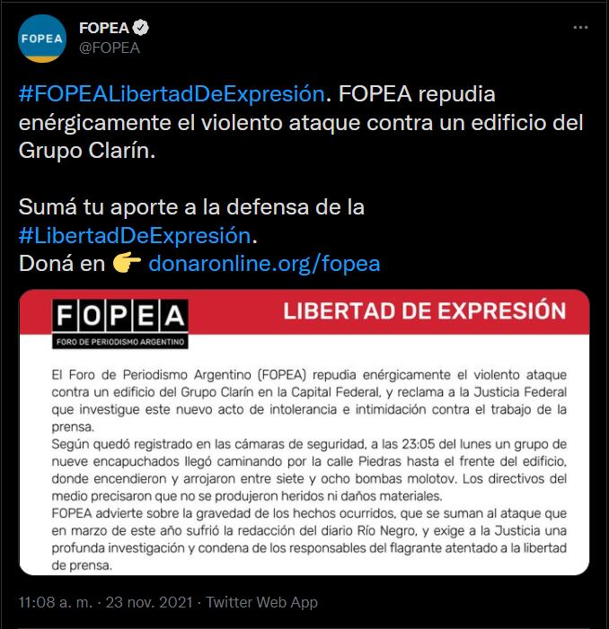 FOPEA también se expresó en contra del hecho