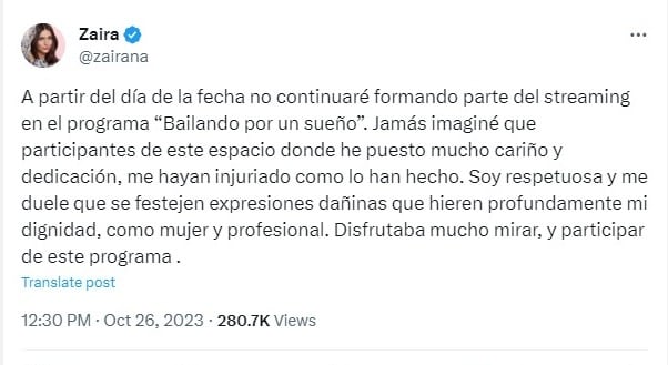 El mensaje de renuncia de Zaira Nara.