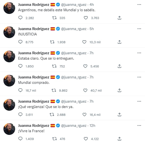 Los polémicos tuits de Juanma Rodríguez, el periodista español que deseó que Argentina perdiera contra Croacia.