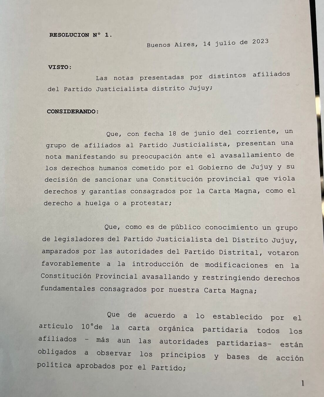 La resolución número 1 de este año del Consejo Nacional del Partido Justicialista (PJ), que preside Alberto Fernández, que dispone la intervención del Distrito Jujuy del Partido Justicialista.