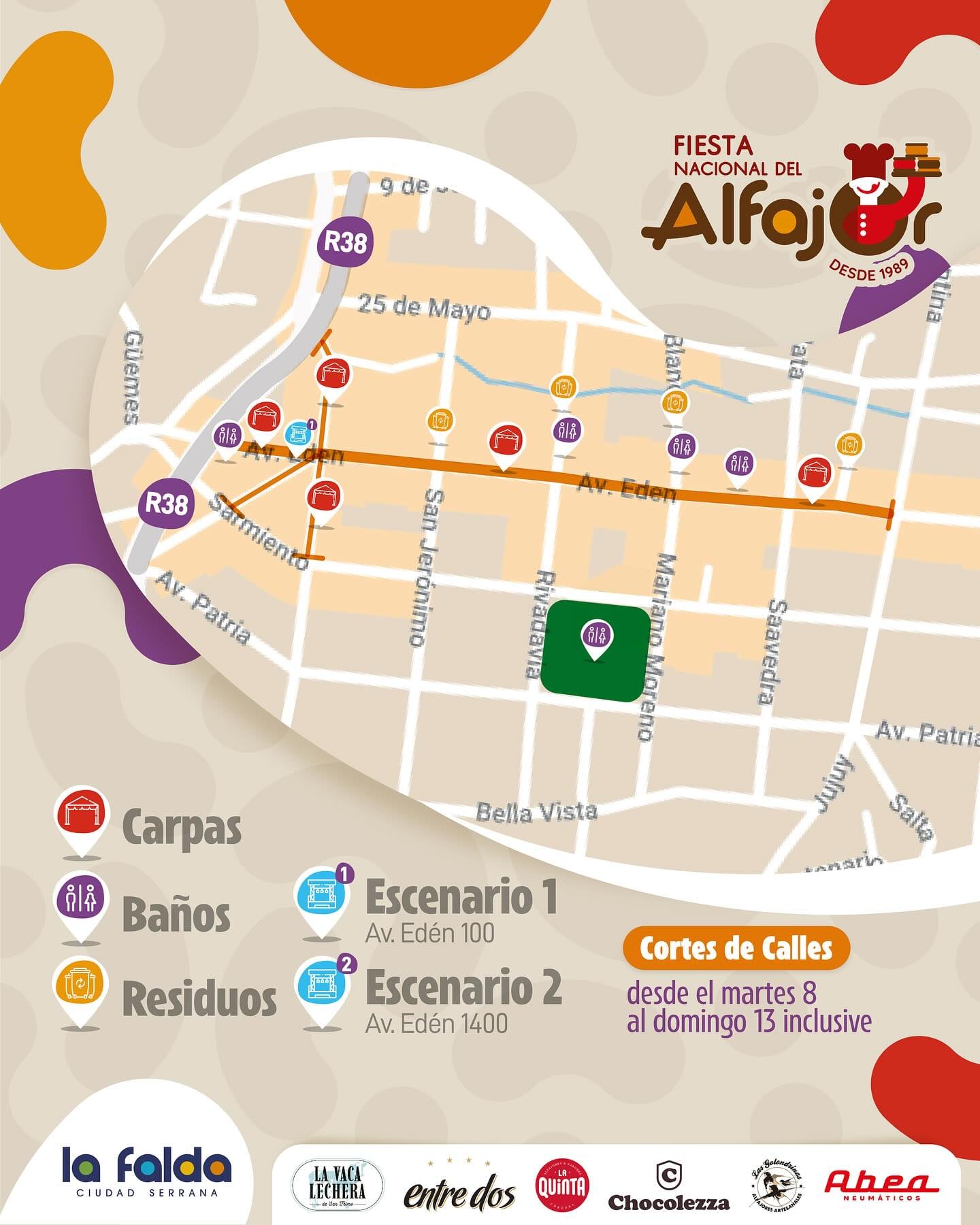 El mapa con los diferentes escenarios para la fiesta nacional del alfajor 2024.