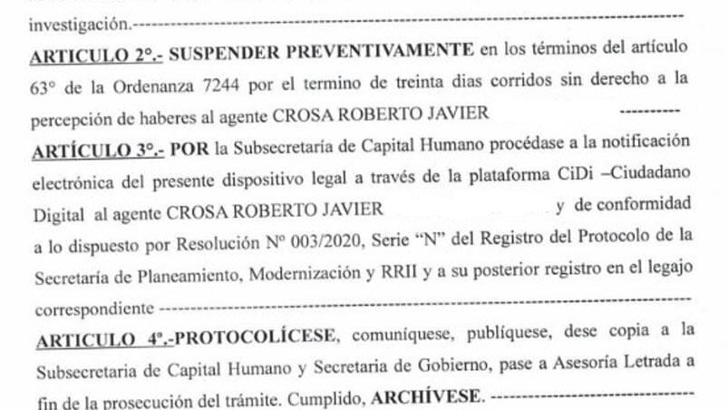 El documento difundido por la Municipalidad donde se confirma la suspensión. (El Doce)