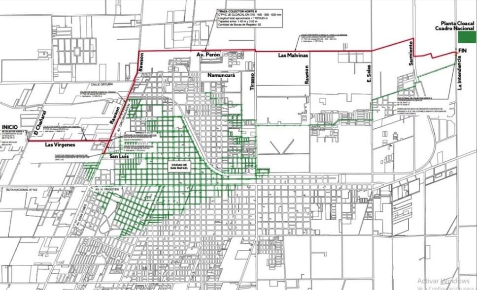 El mapa por donde irá el colector cloacal norte en San Rafael.