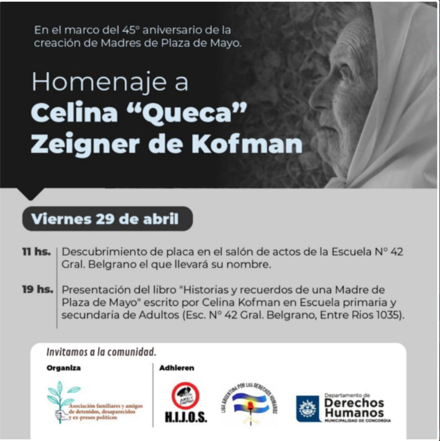 Celina "Queca" Zeigner de Kofman, quien fue fundadora de Madres de Plaza de Mayo, filial Concordia.