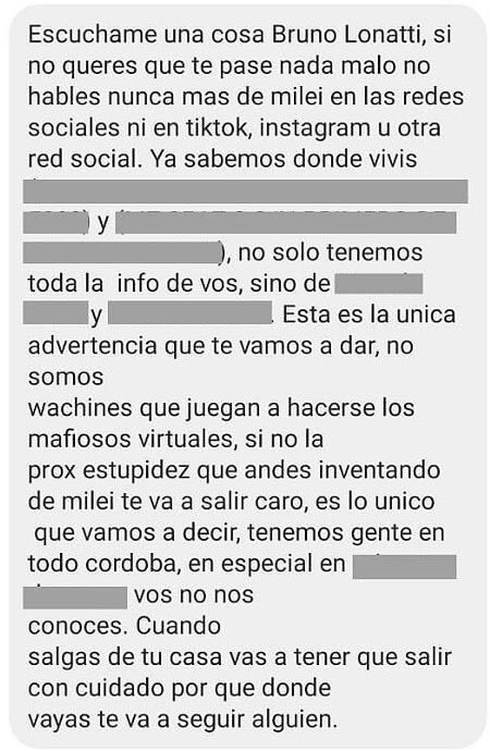 Elecciones 2023: denuncias de Bruno Lonatti por amenazas en redes sociales po criticar a Javier Milei. (La Voz)