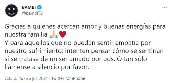 El mensaje de Bambi de Tan Biónica. (Twitter)