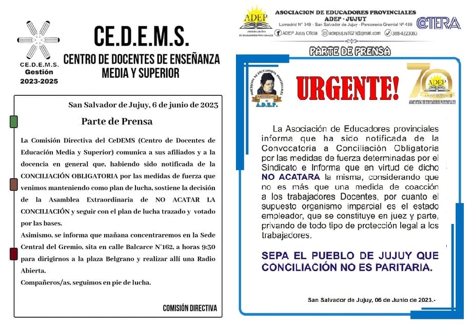 Los principales sindicatos del sector docente de Jujuy comunicaron que no acatarán la conciliación obligatoria y en consecuencia sostienen el paro por tiempo indeterminado.