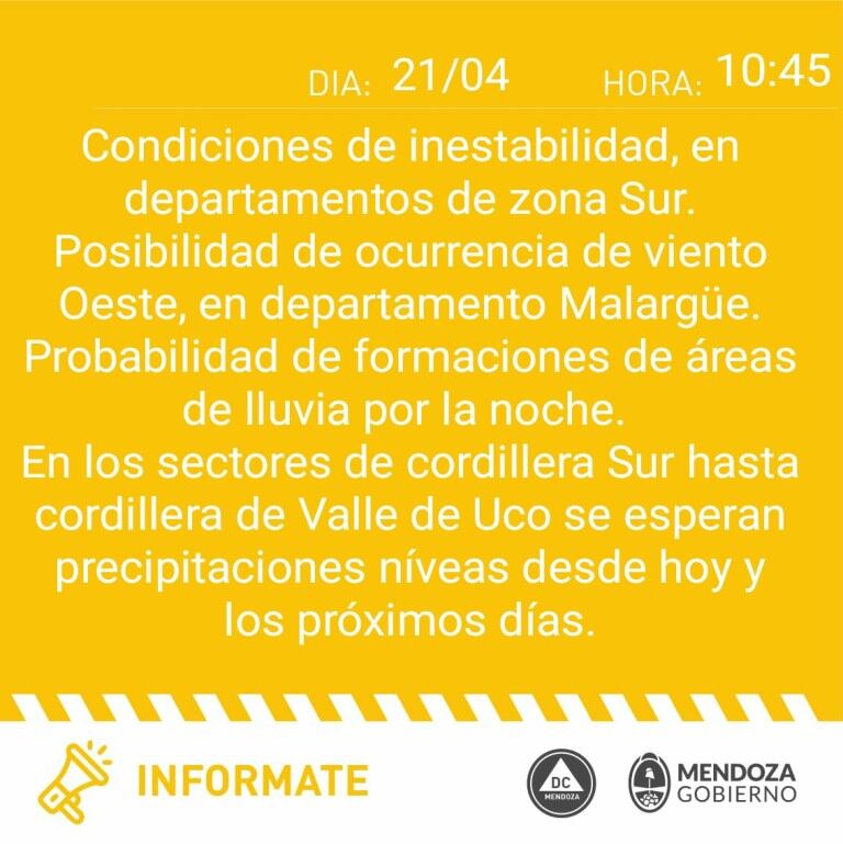 Alerta de la Dirección de Contingencias Climáticas.