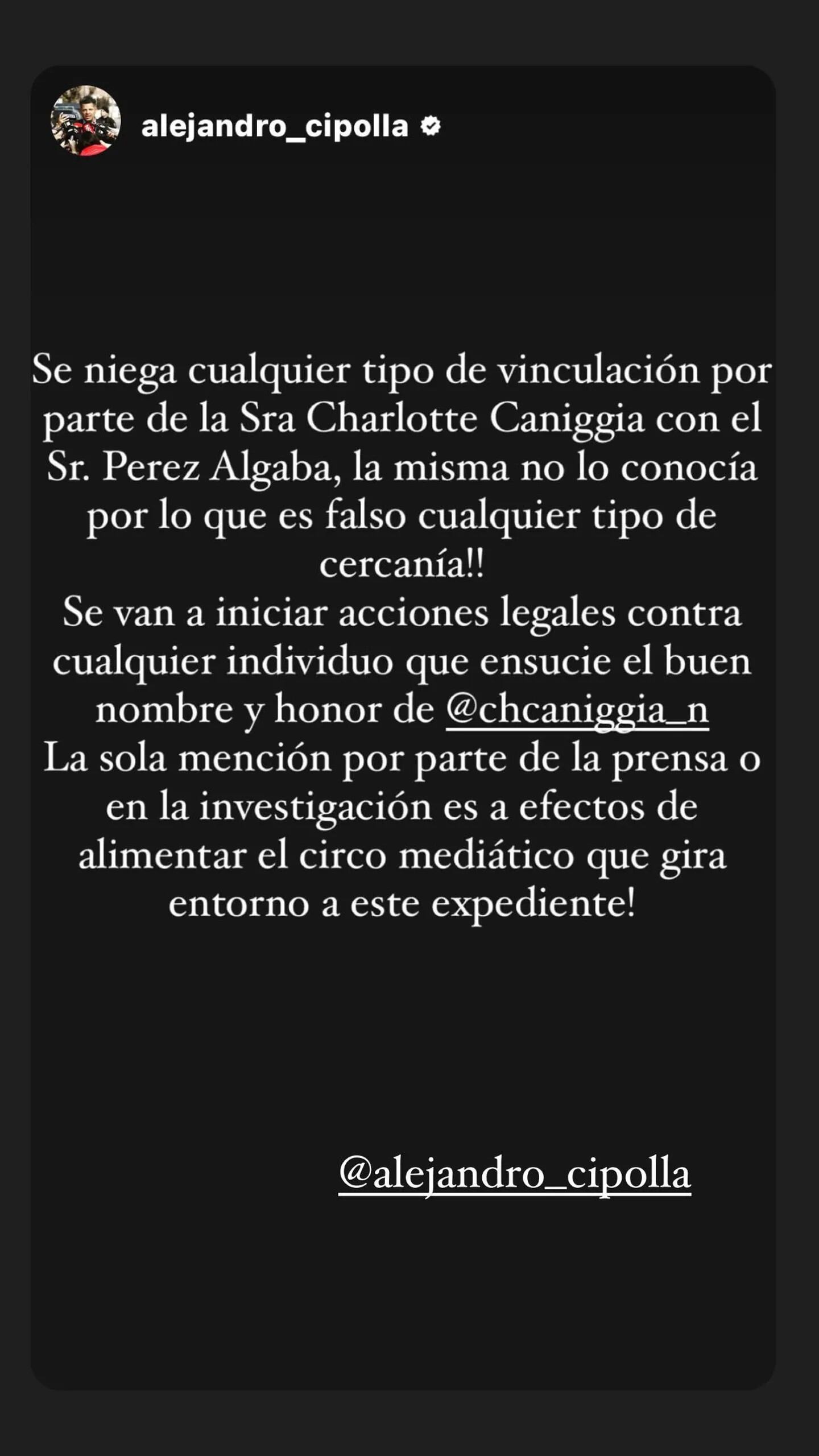 La respuesta del abogado de Charlotte Caniggia.