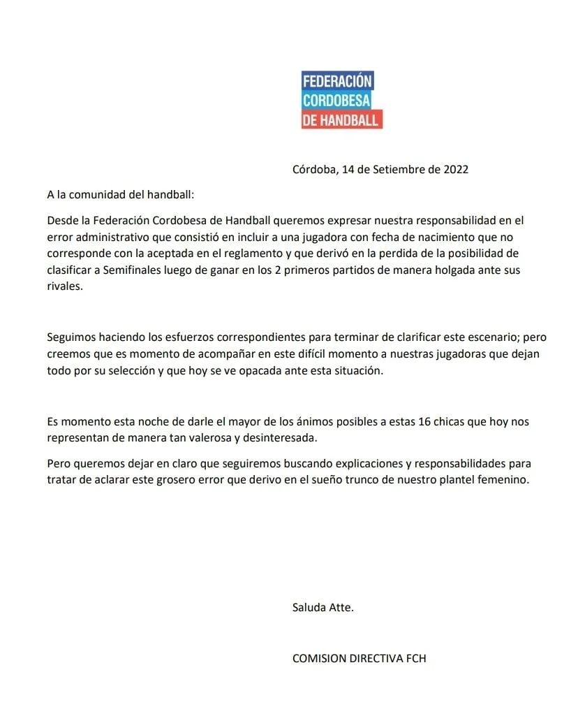 La respuesta de la federación cordobesa de handball ante las denuncias del plantel.