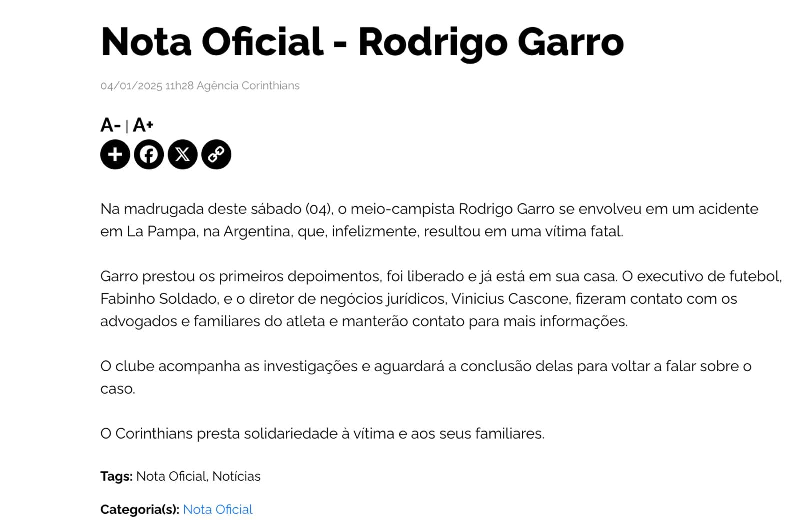 El comunicado del club sobre el choque de Rodrigo Garro.