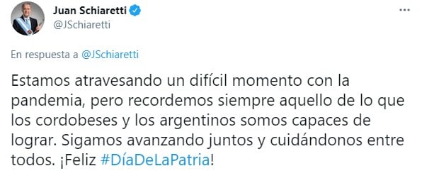 El Gobernador de Córdoba expresó su mensaje por el 25 de mayo.